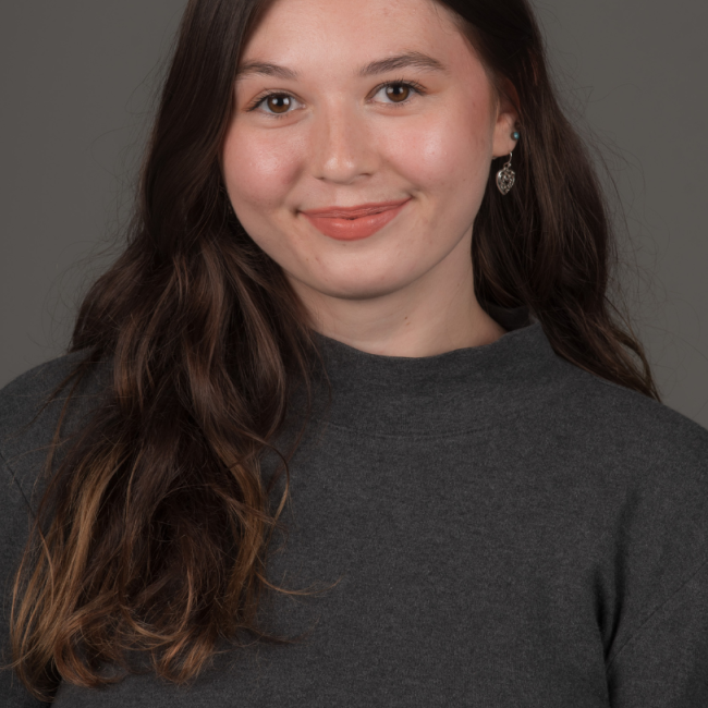 A white female presenting person with long brown hair. She is wearing heart earrings and a gray turtleneck.